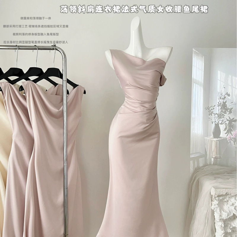 French-Style Elegant Satin Dress 2026 New Summer High-End Off-Shoulder Draped Collar Gown Mermaid Dress for Women French-Style Elegant Satin Dress 2026 New Summer High-End Off-Shoulder Draped Collar Gown Mermaid Dress for Women