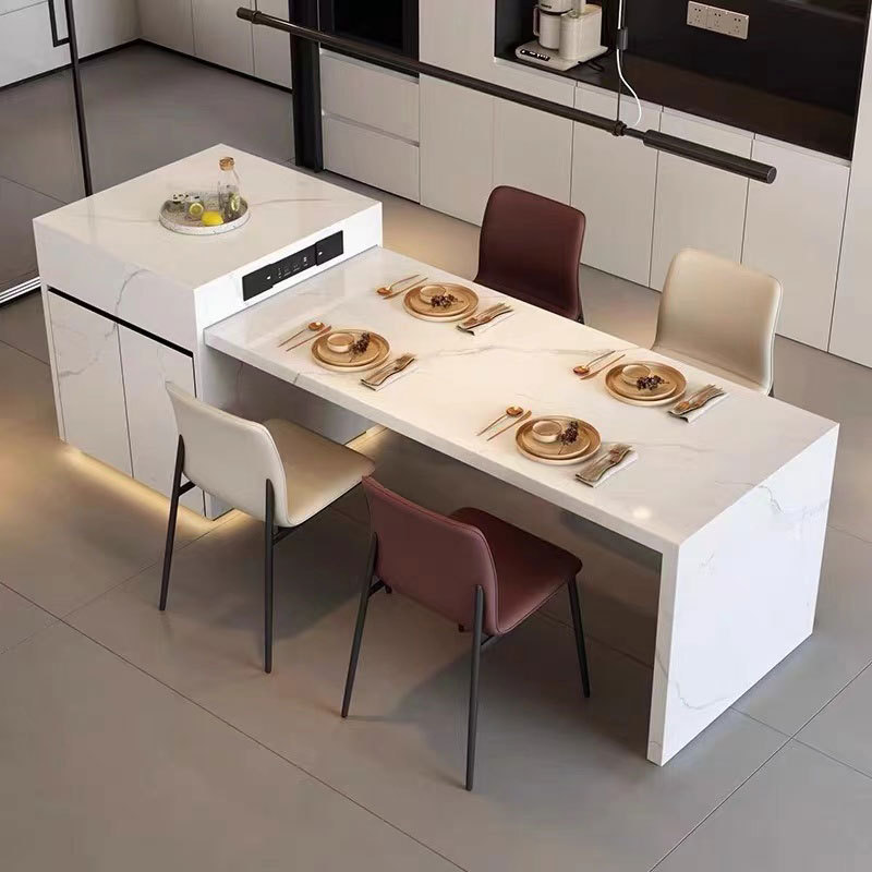 Foshan personalizada moderna simple tabla de roca completa tabla de comedor tabla de comedor de acero telescópico multifuncional tabla de comedor de bar de isla media