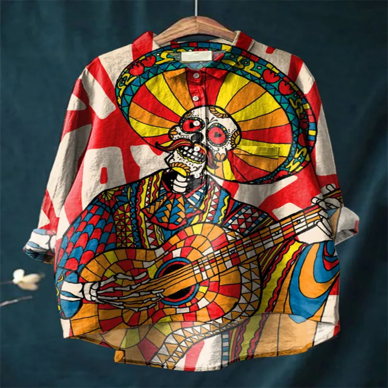 Halloween Skull Head Digital Print Women's Casual Cotton and Linen Long Sleeve Casual Loose Shirt Halloween Skull Head Digital Print Women's Casual Cotton and Linen Long Sleeve Casual Loose Shirt