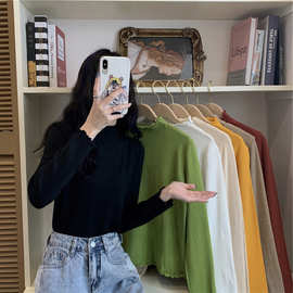 外贸半高领打底衫毛衣木耳边针织衫女2023秋冬季修身内搭长袖上衣