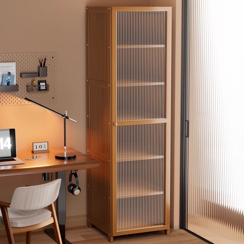 Mobile Solid Wood Floor-Standing Bookshelf Storage Rack Integrated Against the Wall for Home Use Children's Storage Cabinet Dustproof with Door Trapezoidal Shape