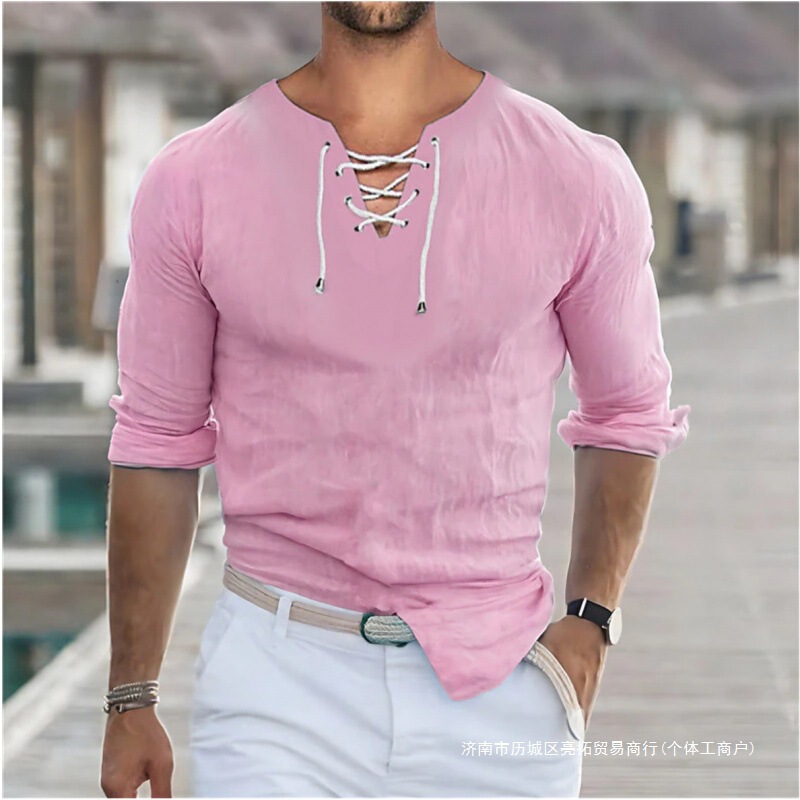 Men's Casual Shirt White Blue Gray Long Sleeve Plain V Neck Spring and Summer Casual Holiday Clothing Dress Lace-Up