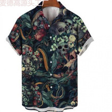 2023跨境欧美新款男士复古骷颅头3D数码印花休闲短袖衬衫
