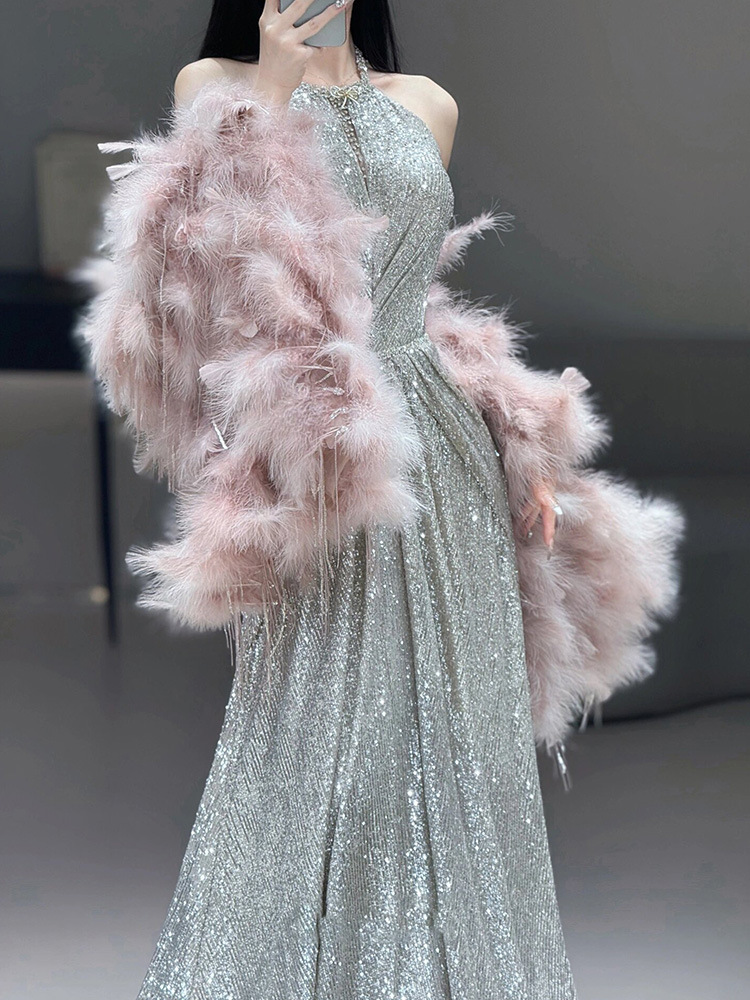 2026 nuevo estilo ligero lujoso pluma rosa chaleco vestido de fiesta de sequillas