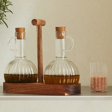 定制油壶高硼硅玻璃软木塞油壶木质底座调味瓶套装条纹酱油醋油瓶