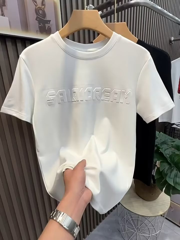 T-shirt jeune col rond, Instagram quotidien, marque tendance lettres et chiffres, texte d'été, manches 5/4, standard pour hommes_voghion.com