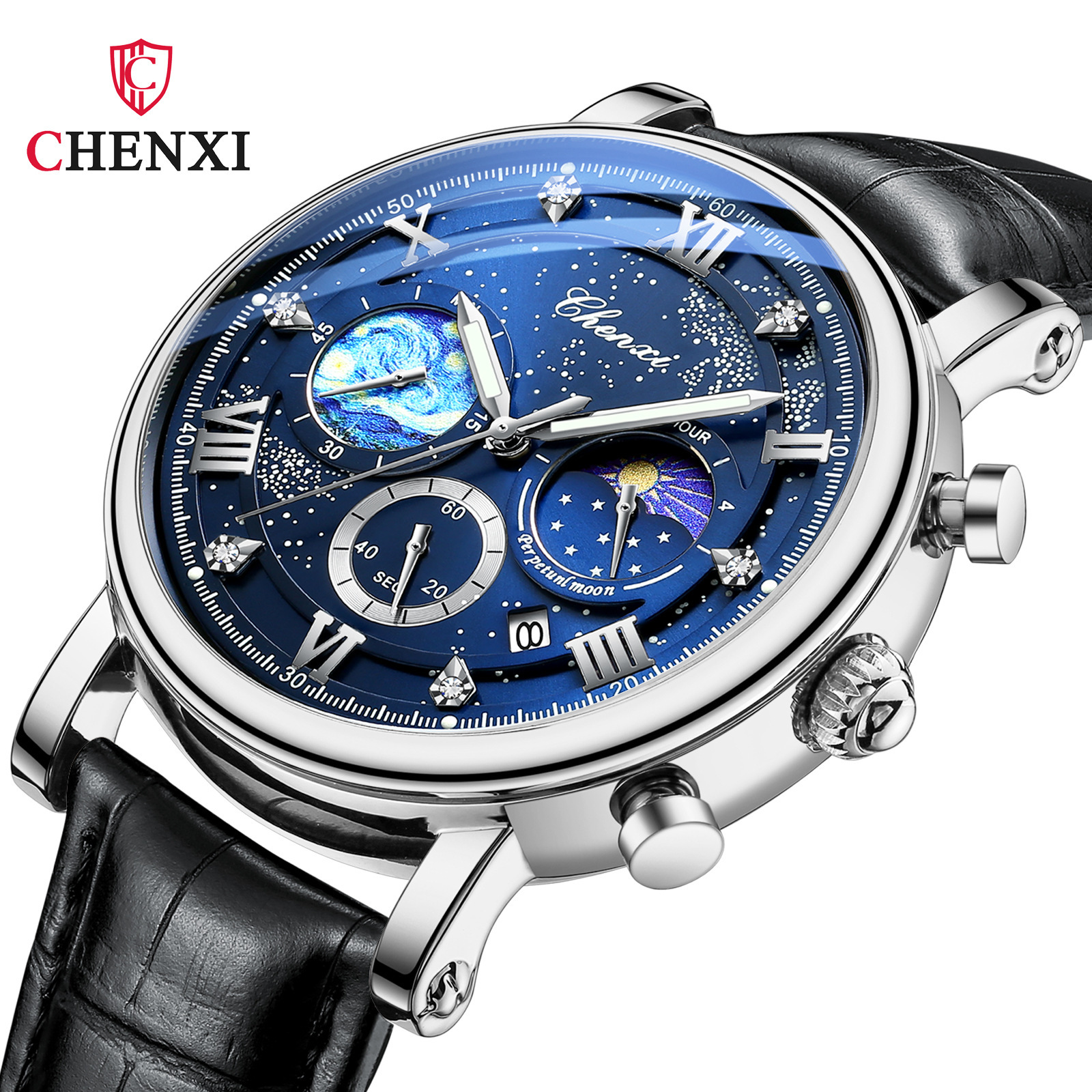CHENXI Dawn Sun Moon Stars Multifunctional Fashion Men's Watch Luminous Moon Calendar Cross-border Supply Watch 972