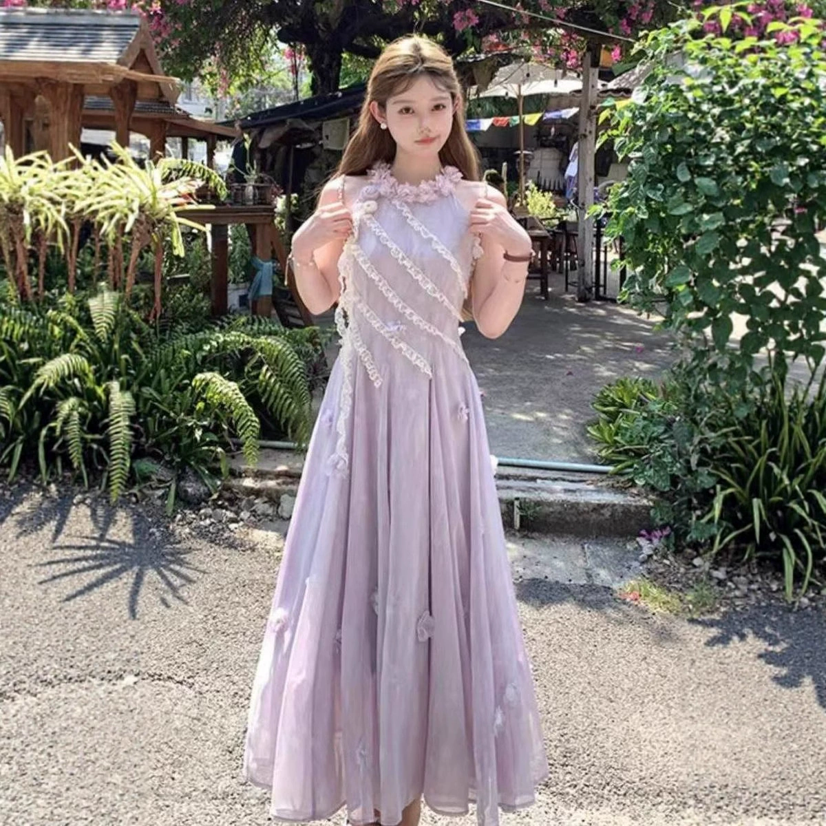 Фиолетовое длинное платье на подтяжках с воротником-хомутом для женщин, летняя утягивающая юбка во французском стиле ретро