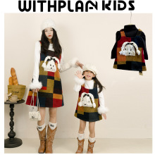 一起玩亲子装冬季新款背心裙新年圣诞款立体麻花辫小狗加绒毛呢裙