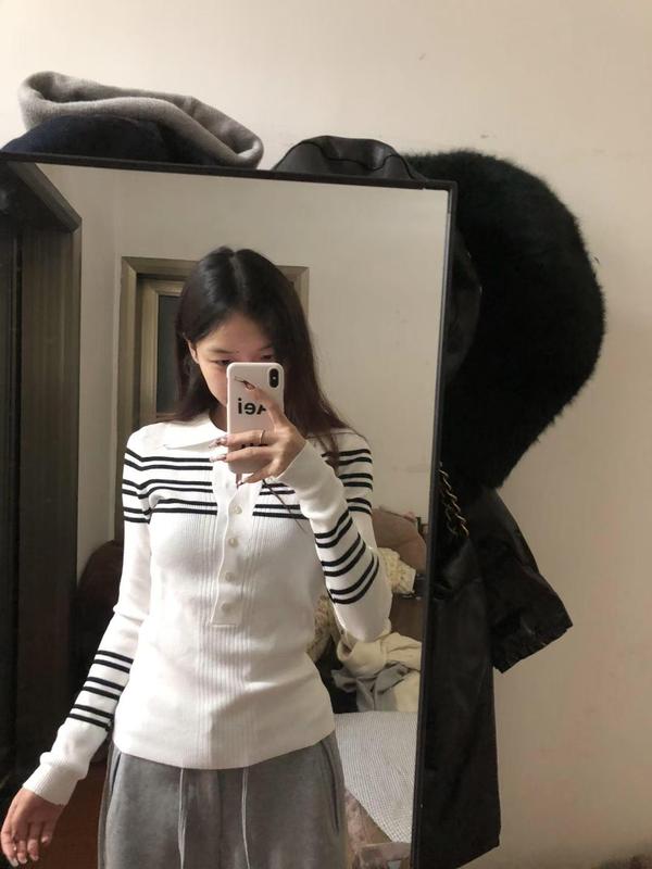 撞色条纹针织长袖打底衫内搭女2025秋装新款半开领长袖高级感上衣|undefined