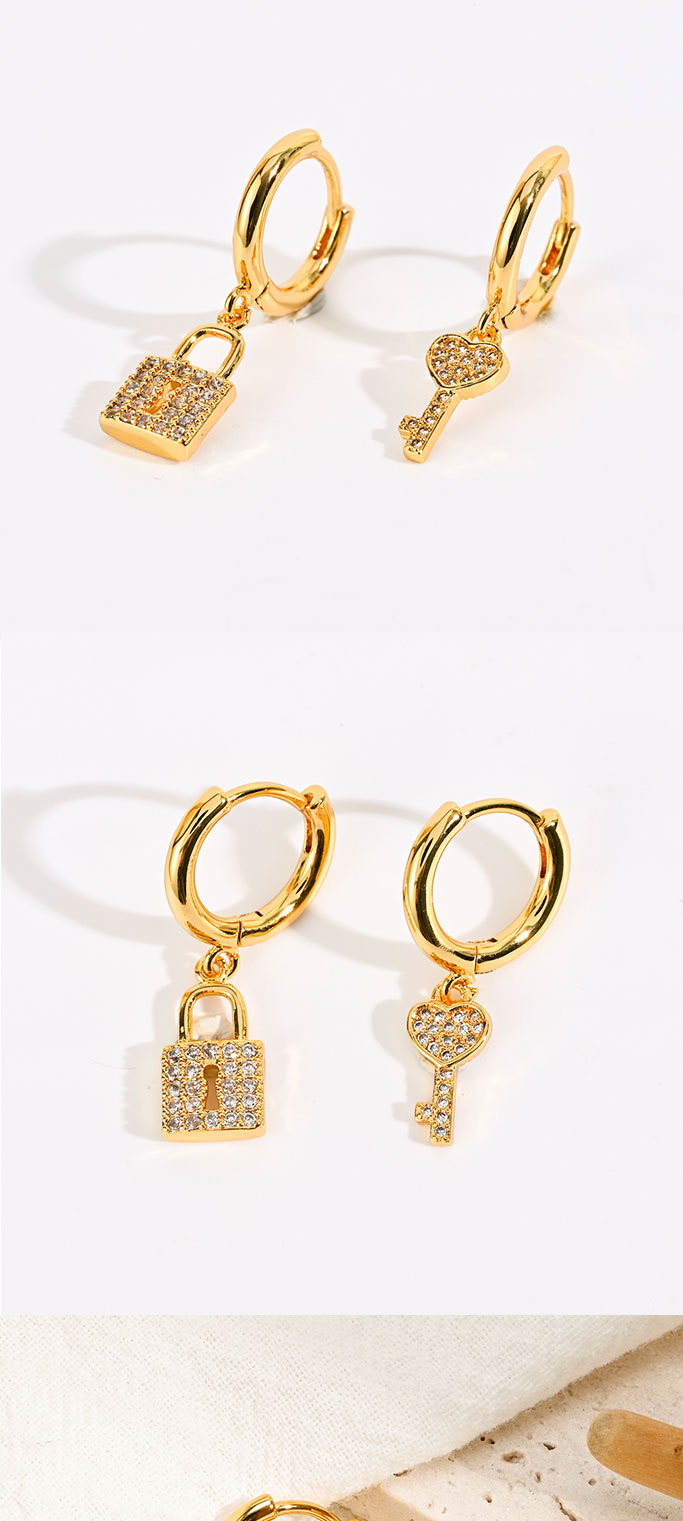 New Brass 14k Gold Plated Keys with Lock Ears Earrings