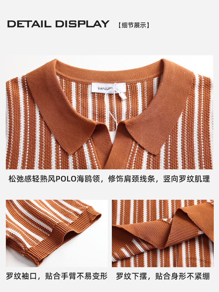 Vintage americano de punto hombre camisa de polo de hielo de manga corta con texturas verticales blindaje de cuello de verano casual hombre
