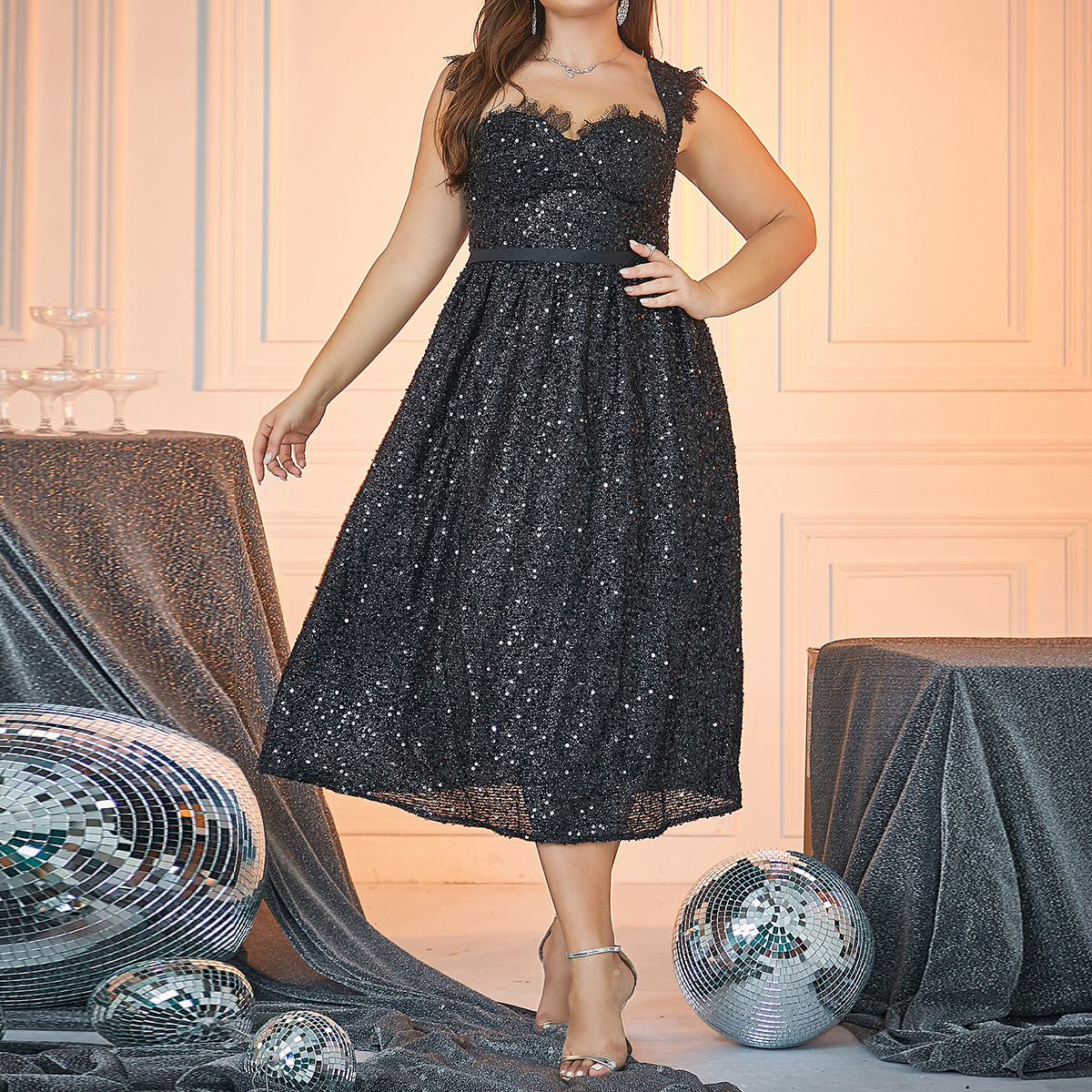 Comercio exterior transfronterizo europeo y americano nueva ropa de mujer deseo Amazon delgado vestido de talla grande vestido de lentejuelas vestido midi