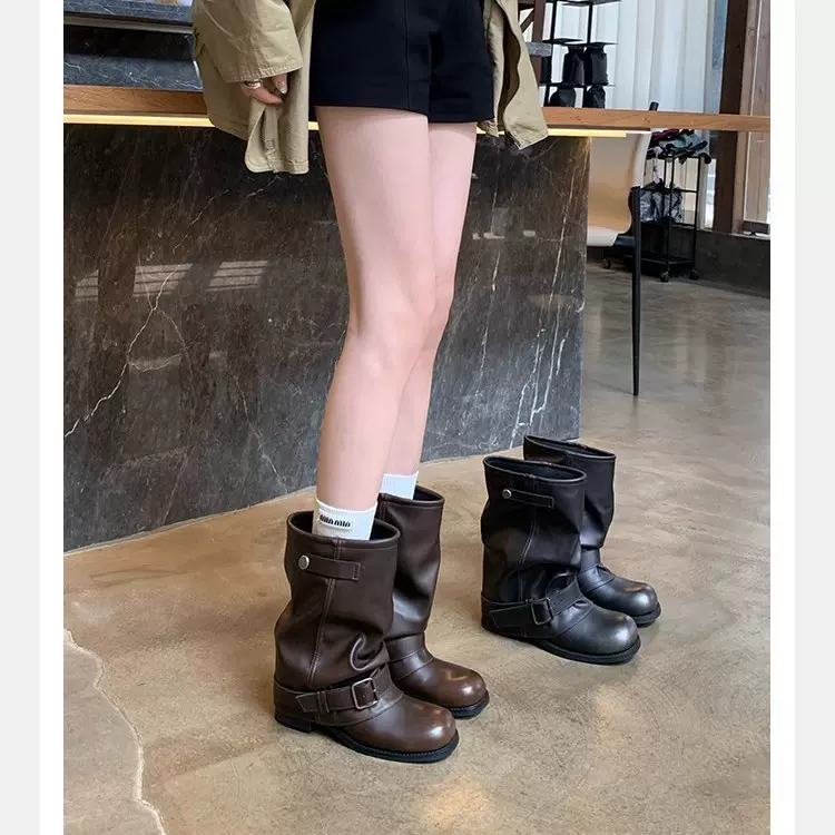 葡萄妈同款 废土风厚底增高宽大筒围堆堆靴西部真皮短靴女秋冬季