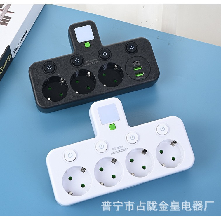 Estándar europeo blanco y negro con lámpara nocturna 1 a 21 a 31 a 4 conector de carga USB-C