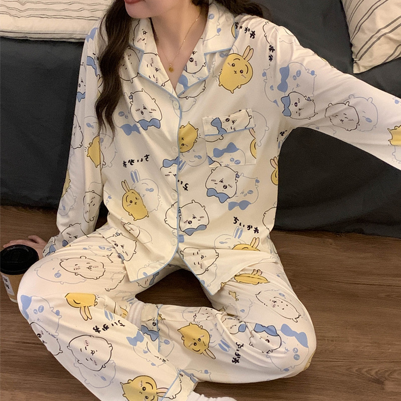 El comercio exterior de primavera y otoño pijamas algodón para las mujeres ins lindo dibujos animados solapa cardigan suelta delgada vestir prendas exteriores homewear