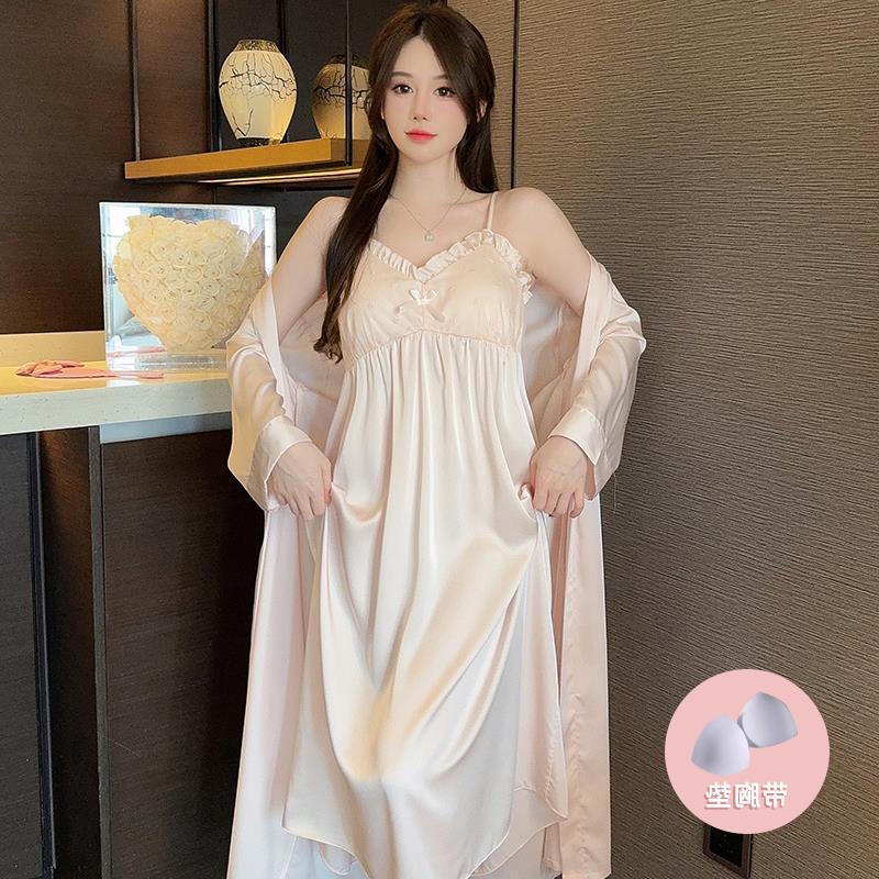Spring and Autumn New Long Nightgown Nightgown Two-piece Set with Chest Pad Sling Skirt Women's Tall Sexy Pajamas