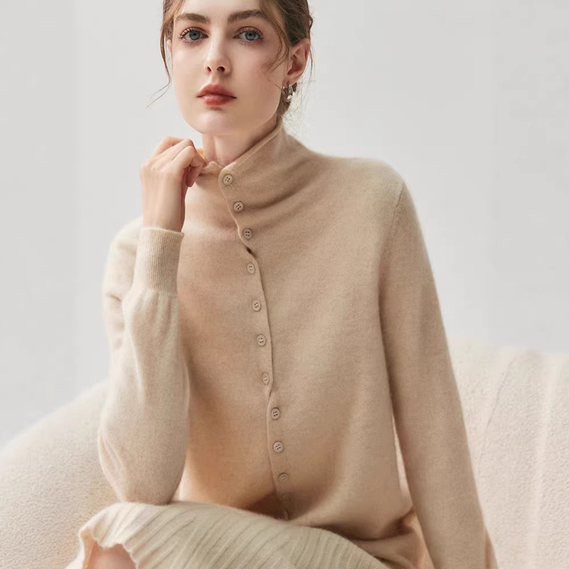 Wearable Front and Back~ Rolled-Edge High-Neck 100% Pure Cashmere Cardigan Knitwear Jacket Women's Top Base Layer Sweater Wearable Front and Back~ Rolled-Edge High-Neck 100% Pure Cashmere Cardigan Knitwear Jacket Women's Top Base Layer Sweater
