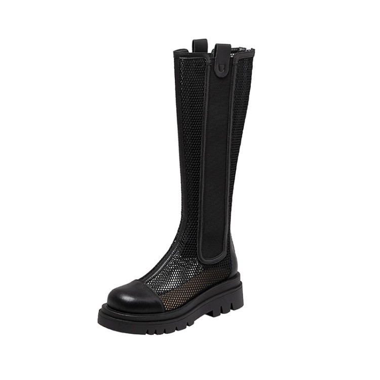 Boot lưới nữ da bò cổ cao thoáng khí mùa hè, đế dày, ống rộng cho chân to — Màu nâu ống lớn, Màu đen cổ ống lớn, Ống nhỏ màu đen, Chu vi ống lớn màu trắng be chi tiết 7