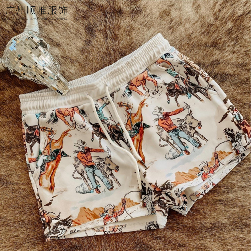 Independent Station Hot Selling European and American Western Retro Women's Denim Ranch Print Comfortable Shorts Drawstring Casual Pants Breathable