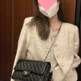 小香风外套女秋冬新款简约气质白月光圆领宽松粗花呢短款上衣