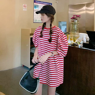 夏季新款韩版设计感小众泡泡袖中长款短袖条纹T恤女ins潮CX1469