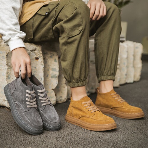 Autumn and Winter Genuine Leather High-Top Board Shoes for Men, Korean Style Trendy Casual Suede Men's Shoes, Vintage Mid-Top Sanding Martin Boots