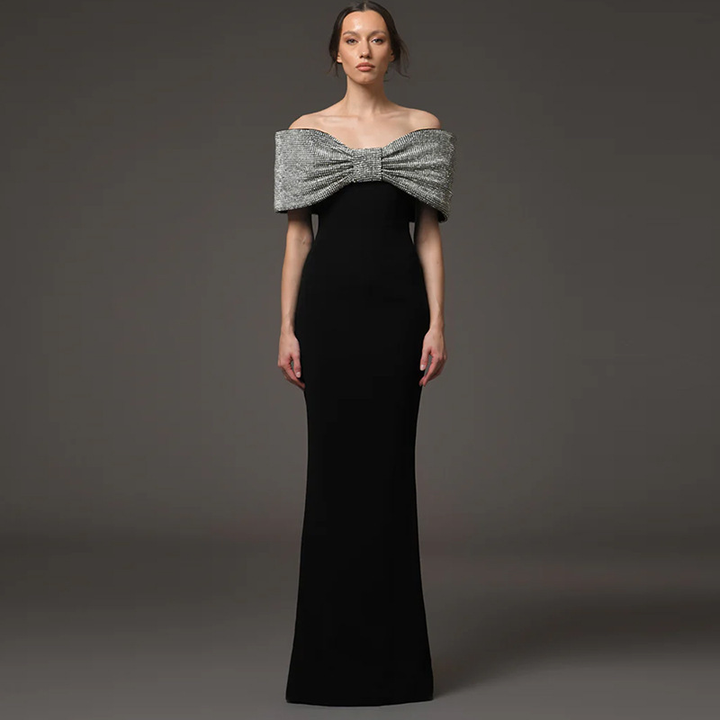 In-Stock 2026 New Model European and American Designer Fashion Heavy-Duty Rhinestone Bow Long Dress Celebrity Gown
