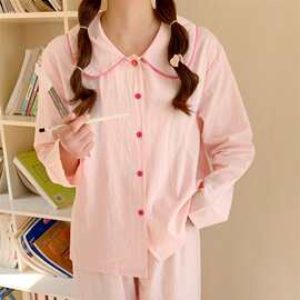 甜美ins风可爱少女娃娃领开衫长袖宽松家居服休闲慵懒睡衣两件套