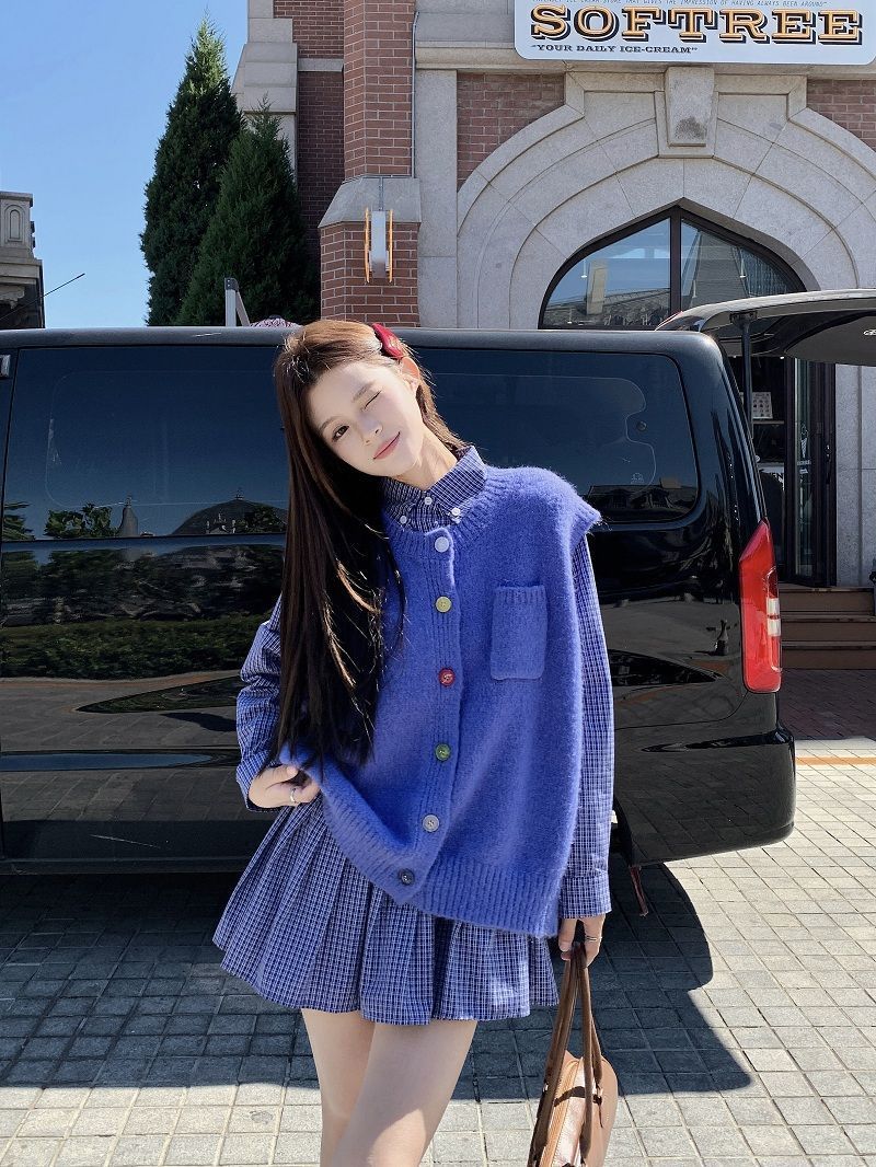 Knitted College Vest Plaid Sweater Cardigan Dress Loose and Versatile Slimming Female Student One-Piece Suit