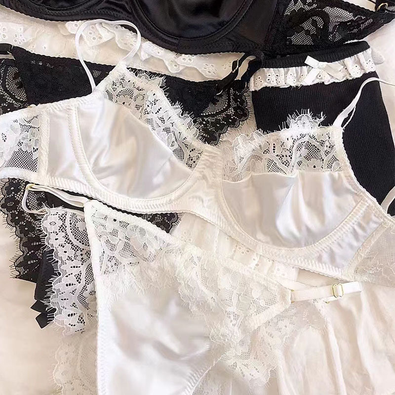 French Lace Underwear Small Chest Push-up Large Satin Stitching Lace Sexy Pure Ultra-thin Red Bra suit