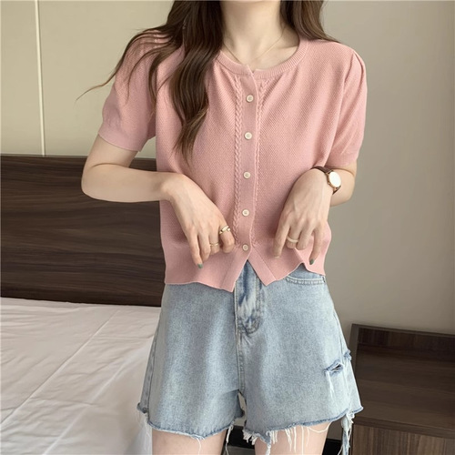 Yuan Qi Anti-Aging Pure Color Simple Short Sleeve Knitted Sweater Women's Clothing 2025 New Short Straight Tube Top Fashion 