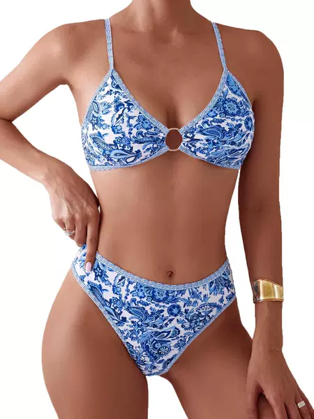 2025 Women's Tight-Fitting Triangle Bikini Set O-Ring Connected Two-Piece Swimsuit Floral Print Playful
