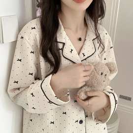 韩国ins睡衣女士秋冬款加厚冬天蝴蝶结印花冬季空气棉夹层家居服