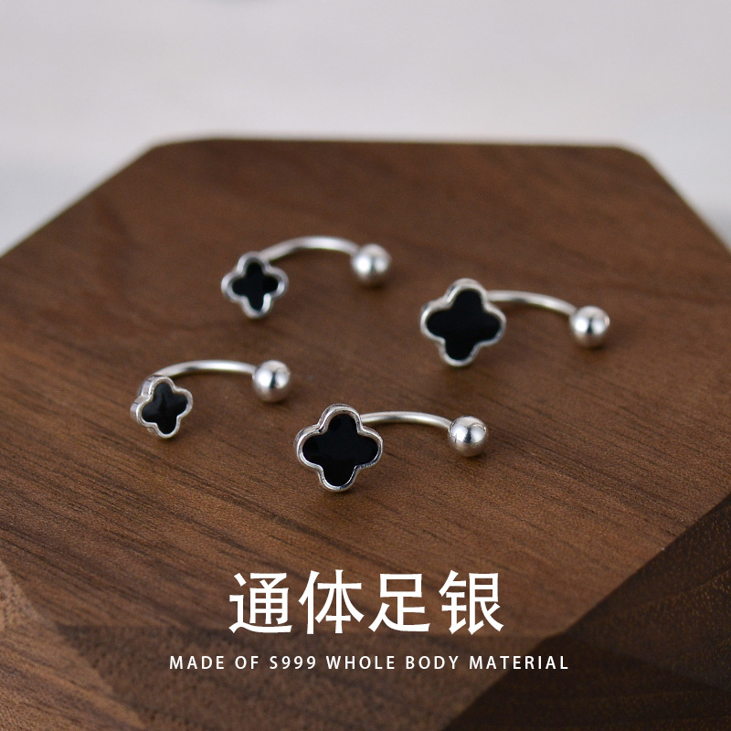 S999銀四葉草耳釘女簡約小巧耳環睡覺不用摘彎勾耳骨釘百搭時尚