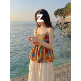 彩色油画碎花吊带背心女夏多巴胺泰式独特绝美海边花苞蓬蓬小上衣