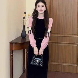 法式高品质秋季新款李李家黑粉玫瑰千金风长裙假两件黑丝绒连衣裙