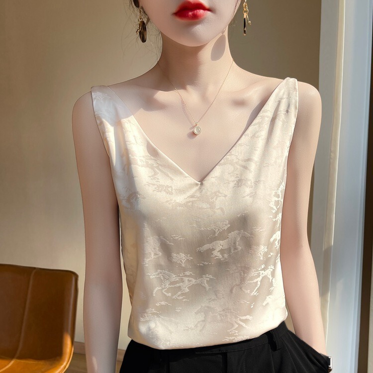 2025 Spring and Summer Simulated Silk Camisole Women's Pony Jacquard Suit with Satin Simulated Silk V-Neck Top