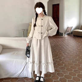 Y6U新中式复古盘扣连衣裙套装女2025春秋学院风长袖上衣半身裙两