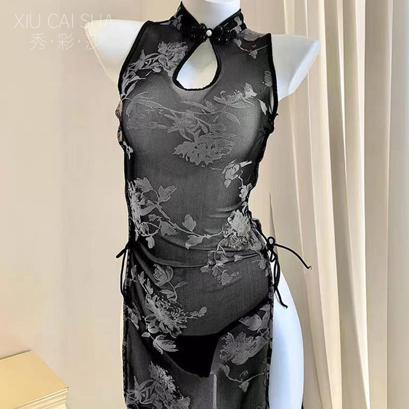 Plus-Size Qipao-Style Erotic Lingerie Set with High-Slit Skirt and Sheer Stockings, Black Polyester Uniform Costume — detail image 9