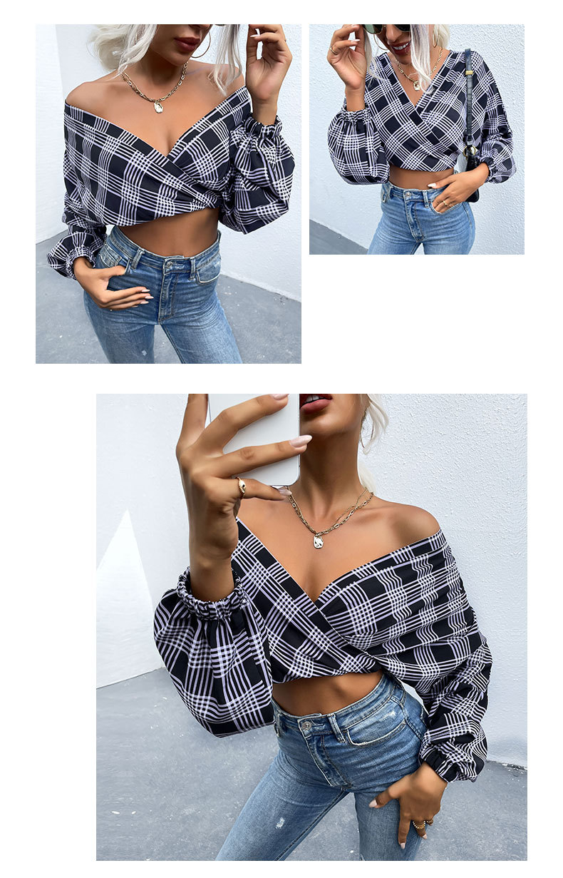 women s long-sleeved plaid shirt hedging cross v-neck short shirt nihaostyles clothing wholesale NSDMB73696