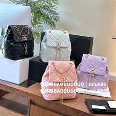 24p新作小香風羊皮黒金リュックサック高級感菱格チェーン女性バッグ大容量手提げリュックサック