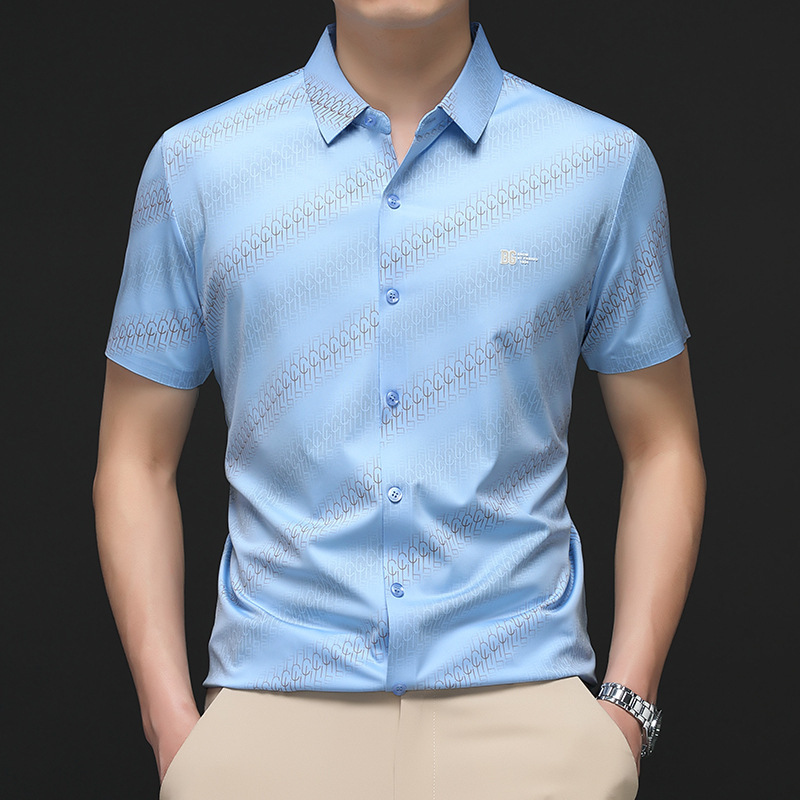 Summer New Short-sleeved Shirt Men's Business Casual Ice Silk Non-marking Striped Printed Middle-aged Men's Short-sleeved Shirt