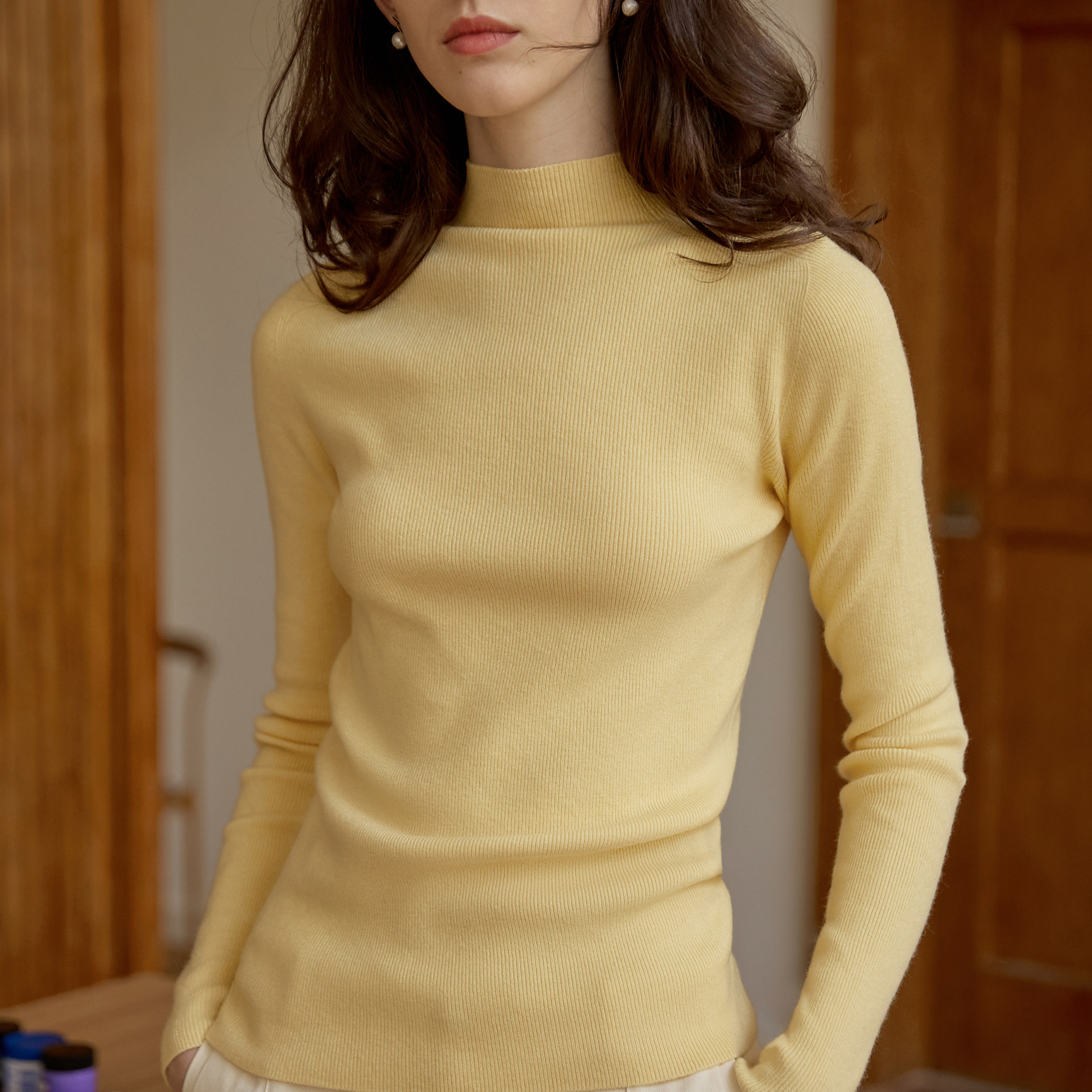Keep warm solid color base body-friendly fitted elegant long-sleeve