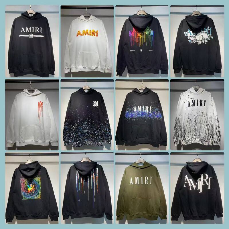 Am1R1 Icon High Street Fashion Brand Cracked Letter Logo Splash Ink Flow Paint Graffiti Embroider Hooded Sweatshirt for Men