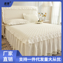 全棉夹棉床裙单件纯棉床罩三件套蕾丝1.5m1.8m加厚床套防滑床头罩
