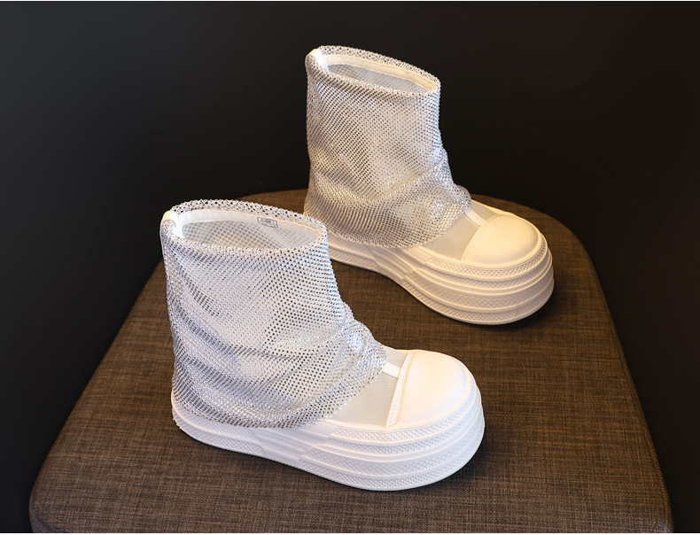 Boot cổ thấp nữ đế dày tăng chiều cao, lưới thoáng khí đính đá rhinestone — màu đen, màu trắng chi tiết 5