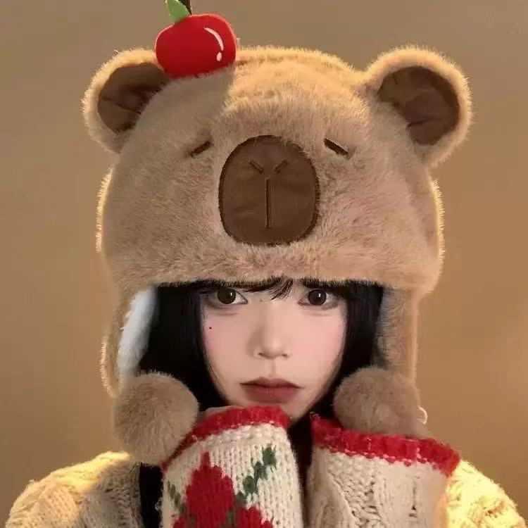 可爱卡皮巴拉毛绒帽女秋冬季显脸小套头帽防寒保暖护耳雷锋帽子潮|undefined