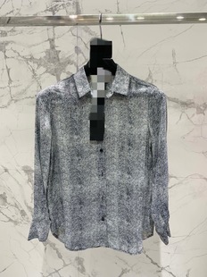 Niche New Women's high quality Vintage Herringbone Printed Brilliant Silk Fabric Lapel Long Sleeve Shirt
