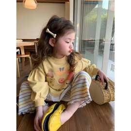 韩国童装女童卫衣2024春季儿童洋气卡通印花套头长袖圆领花边上衣